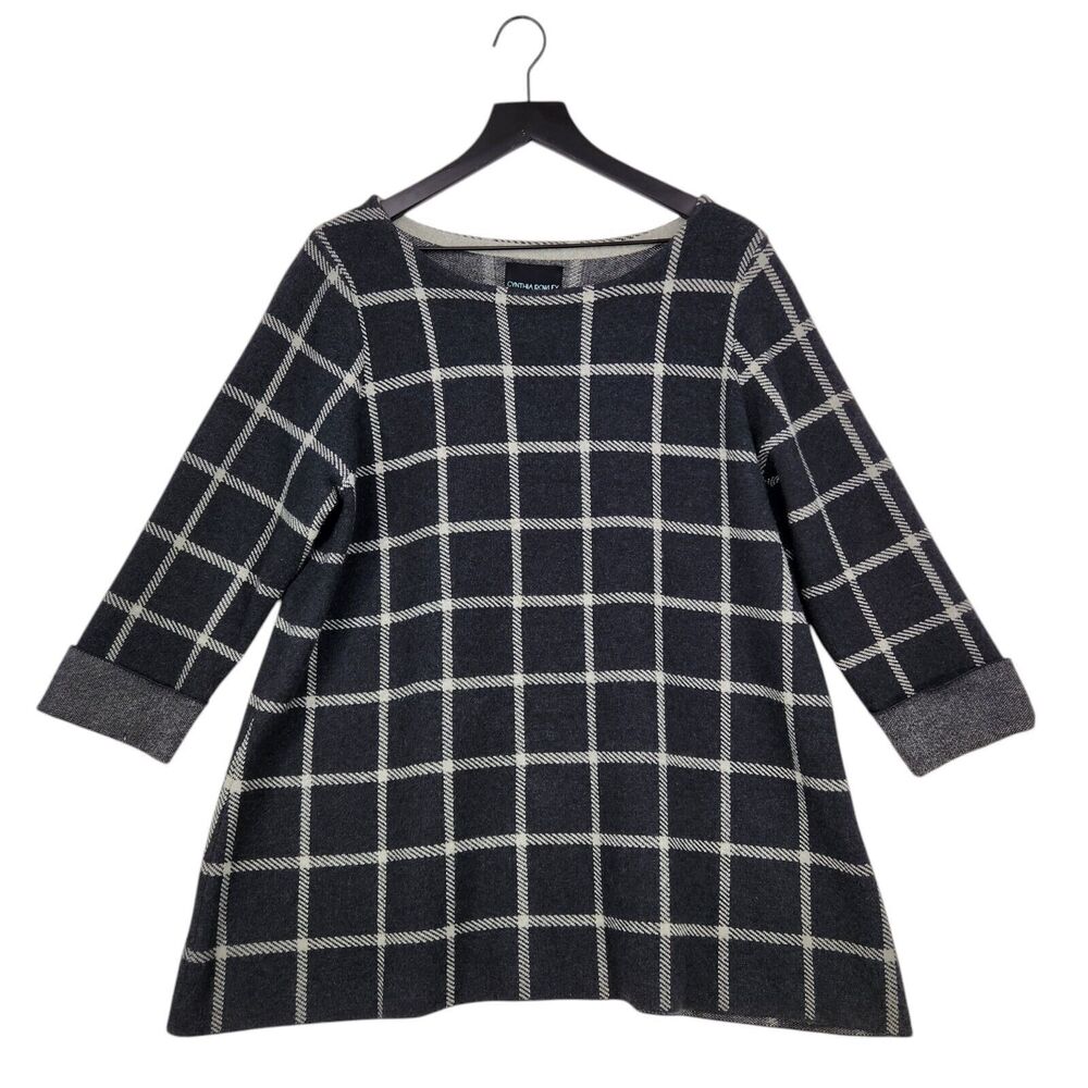Cynthia Rowley Woman Wool Blend Sweater 1X Dark Gray Windowpane Plaid 3/4 Sleeve